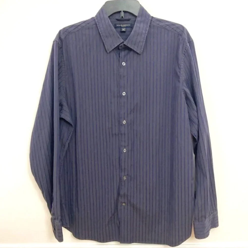 Banana Republic Shirt Men's XL 17/17.5 Slim Fit Dark Gray w/ Blue Stripe